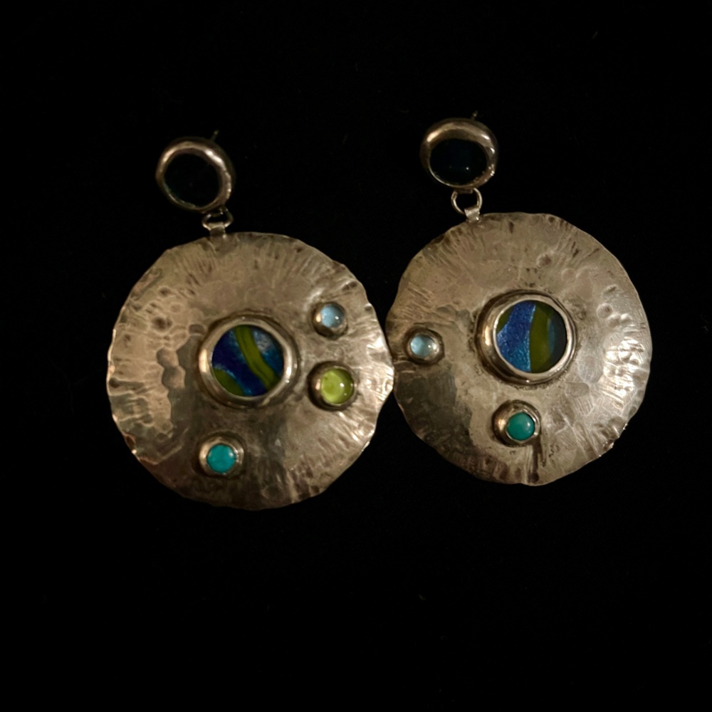 Sterling silver disc earrings with turquoise.